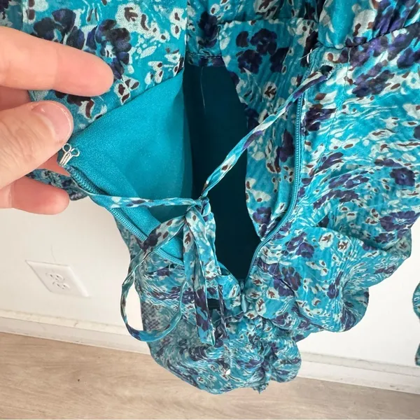 Veronica Beard Becky Ruched Silk Mini Dress in‎ Turquoise Floral Size 2 - Image 9
