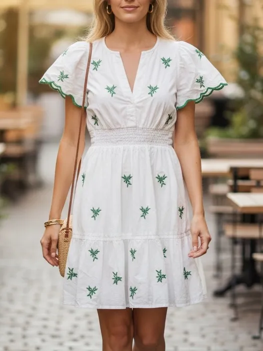 Anthropologie Women’s Somerset White Green Embroidered Cap Sleeve Mini Dress S - Image 10