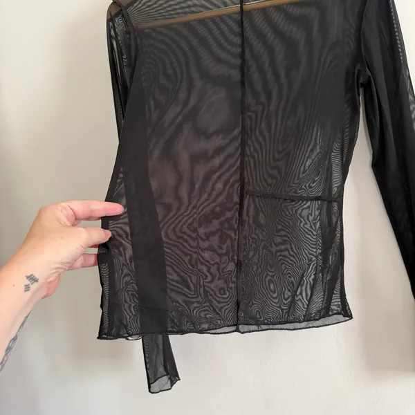 Black Sheer Mesh Asymmetrical Seamed Long Sleeve Top Small Goth Industrial Rave - Image 2
