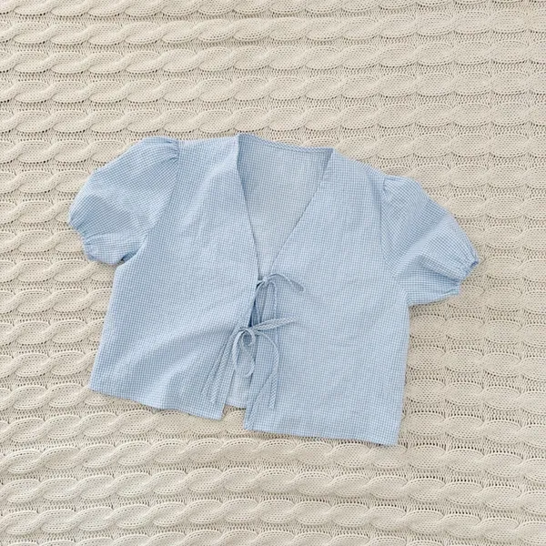 Sky Blue Gingham Puff Sleeve Tie-Front Blouse - Image 3