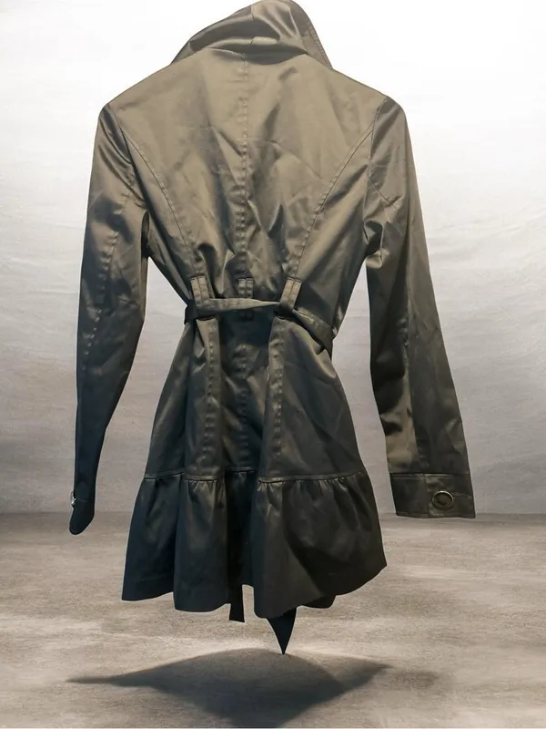 Mac & Jac Black Hooded Trench Coat Jacket Belted Ruffle Hem Women's Size XS - Image 2