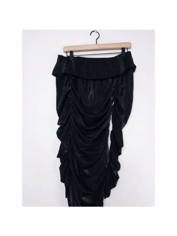 Bronx and Banco Amara Off The Shoulder Linen Midi Dress L Black Ruched Sparkle - Image 5