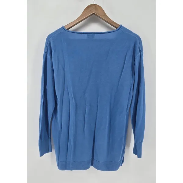 J.Crew Linen Sweater Womens M V-Neck Blue Side Button EUC - Image 3