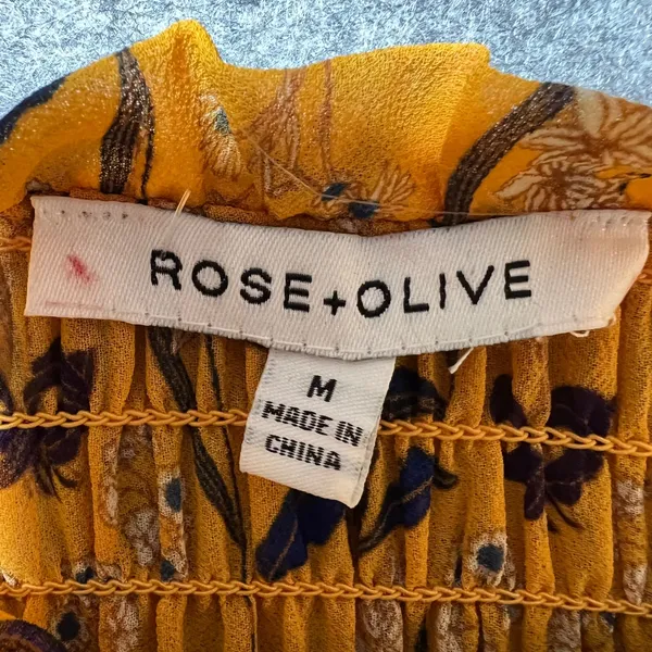 Rose + Olive‎ Mustard Yellow Floral Smocked Peplum Sheer Blouse Long Sleeve M - Image 2