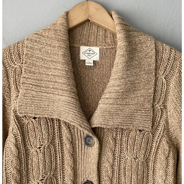 Y2K Cable Knit Cardigan Size Large Tan Button Sweater Pockets Chunky Academia - Image 3