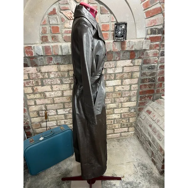 leather trench coat brown double breasted Vintage 1970s sz 7 - Image 15