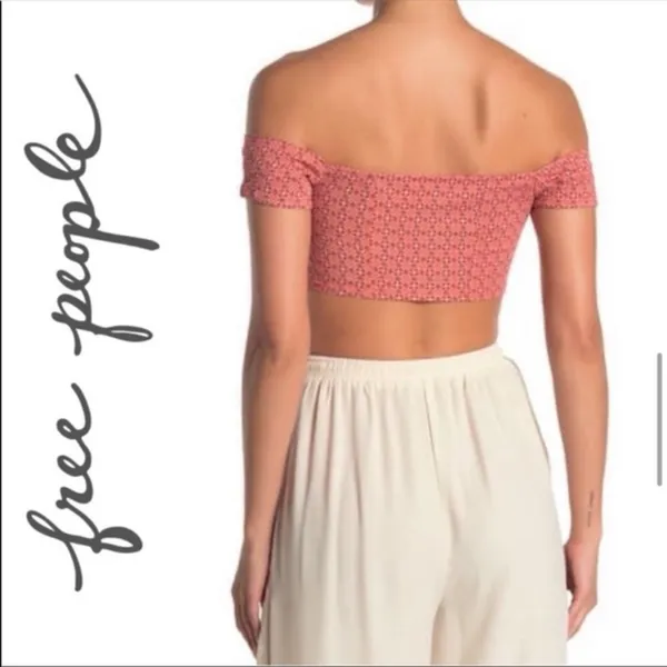 Free People Coral Pink Off The Shoulder Notch V-Neck Crop Top Geometric Boho SM - Image 5