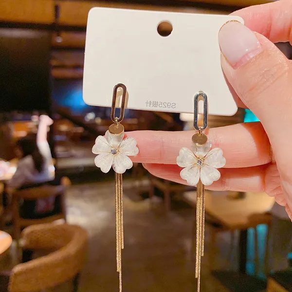 Women’s Crystal Flower Long Tassel Dangle Drop Earrings - Image 2