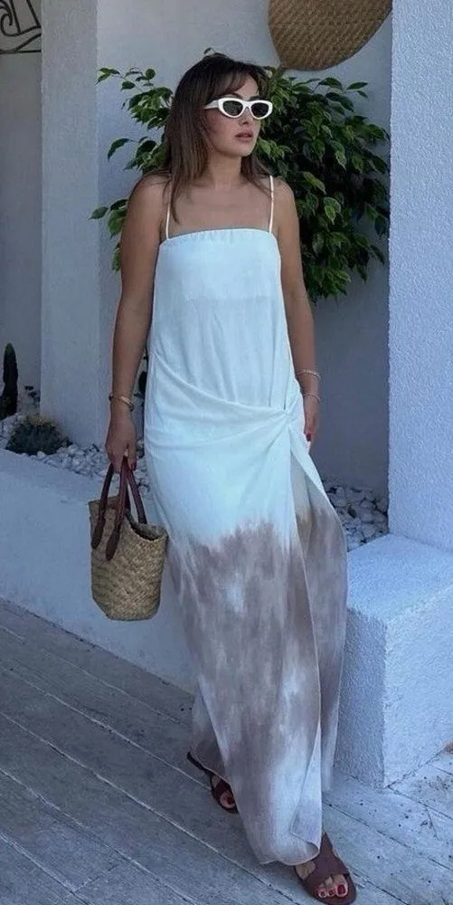 Zara NWT white beige brown ombré tie dye detail spaghetti strap midi maxi dress - Image 7