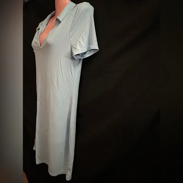 Love Tree Women Form Fitting Light Blue Collared Short Sleeve Textured Dress LG - Image 3