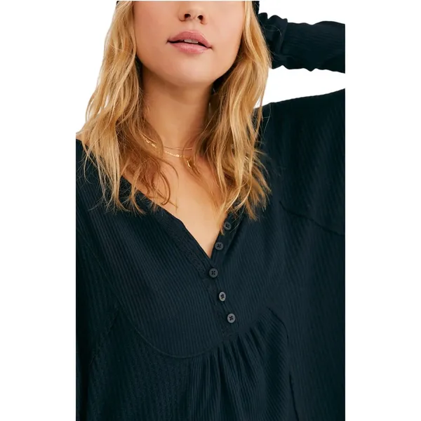 FREE PEOPLE Women’s Boho Leo Henley Black Long Sleeve Knit Top - Image 2