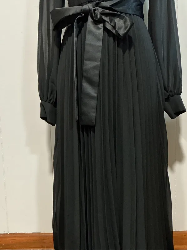 Chiffon Black Long-Sleeve Pleated Maxi Dress with Satin Waist Tie - Image 3