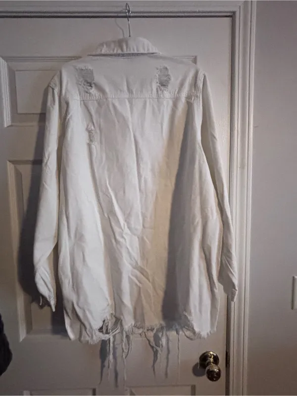 White Distressed Long Denim Jacket - Women's - Image 5