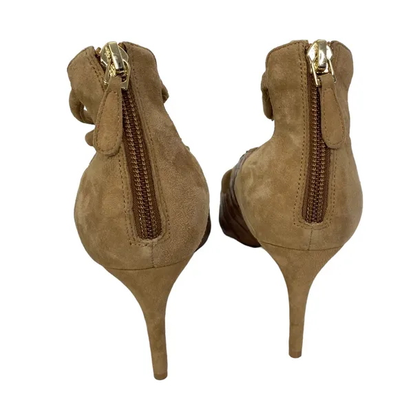 Alexandre Birman Lana Camel Tan Crocodile and‎ Suede Strappy Heels - Image 4