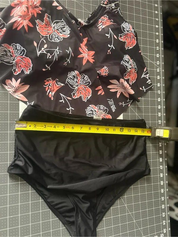 Black Floral High-Waist Bikini Set - Coral & White Flowers - Image 4