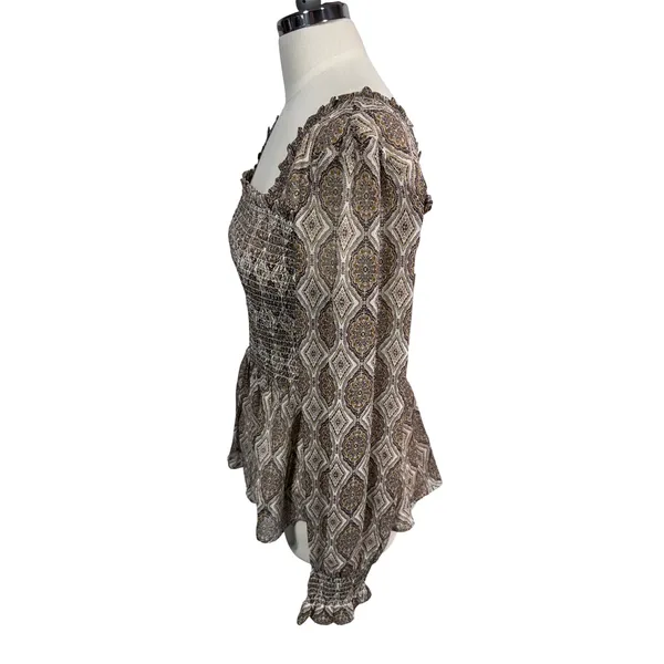 In Loom Blouse Women Small Brown Smocked‎ Square Neck Peplum Paisley - Image 8