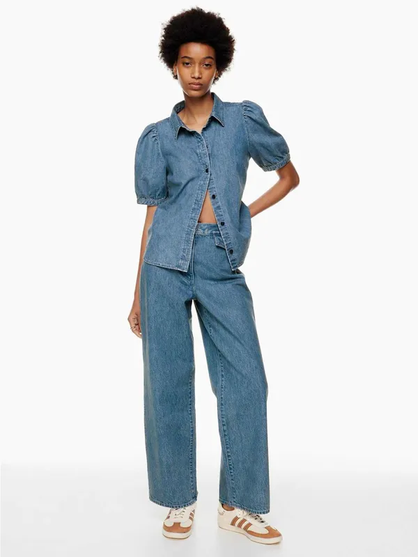 Aritzia Wilfred Ocean‎ Medium Blue Puff-Sleeve Denim Button-Down Shirt Size XS - Image 7
