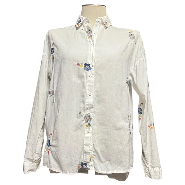 Patiskha Life 100% Cotton Long Sleeve Button Up Floral Embroidered White Medium - Image 3