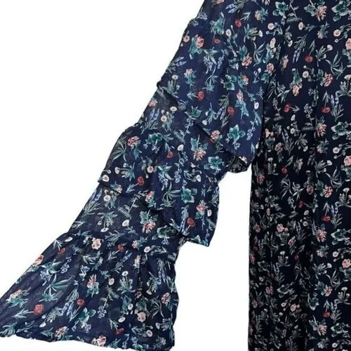 LE LIS Navy‎ Floral Long Sleeve Tiered Ruffle Trim Mini Shift Dress NWOT Large - Image 4