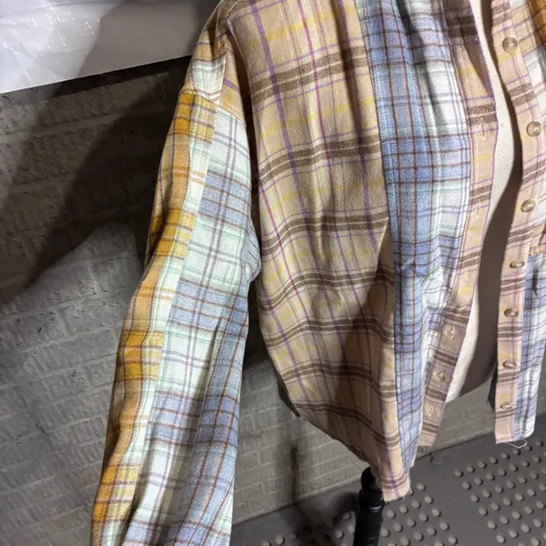 Charmed Hearts Mixed Plaid Patchwork Button Down Shirt Tan Blue Purple M - Image 2