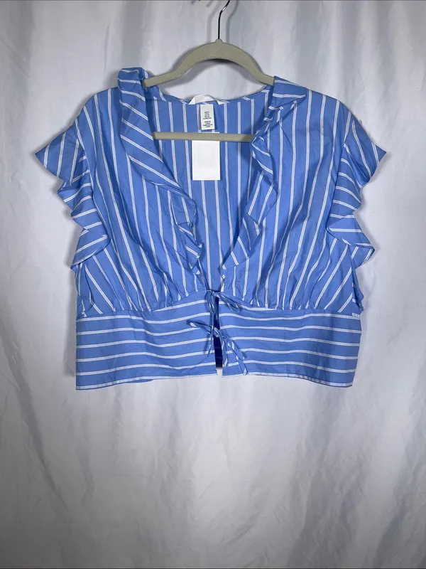 H&M Womens Tie Front Poplin Blouse Blue White Stripe Xl New With Tags - Image 2