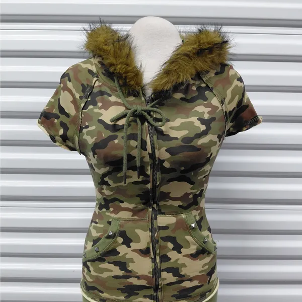 Dolls Kill Generation Kiss Womens Camo Hoodie Dress XS Faux Fur Y2K Mini Street - Image 5