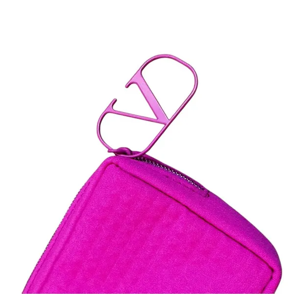 Valentino Hot Pink Studded Mini Clutch Pouch Bag Wallet Purse V Charm Zipper - Image 4