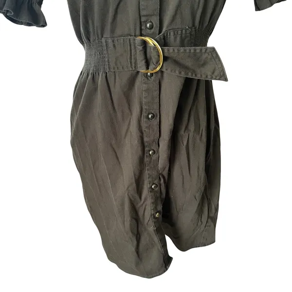 Rampage Women Olive Brown Utility Button Front Mini Dress Belted Puff‎ Sleeve L - Image 4