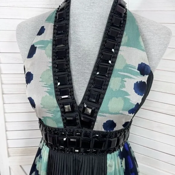Zara Beaded Silk Pleated Multi Pattern Fit‎ Flare Halter Dress Black Teal Medium - Image 5