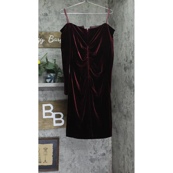 NWT X By Xscape Velvet Long Sleeve Off-The-Shoulder Sheath Dress Burgundy Red 16 - Image 4