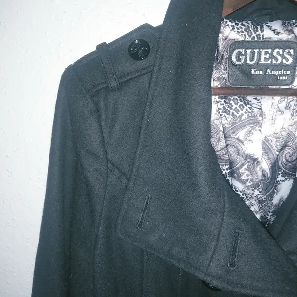 Guess L Full Length Logo Lined Pea Coat Double Breasted Belted Wool in Black - Image 3