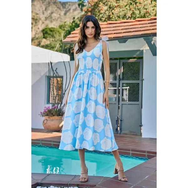 SO ME Shell Smocked Bodice Shoulder Tie‎ Lined Midi Dress - Blue - Large - Image 5