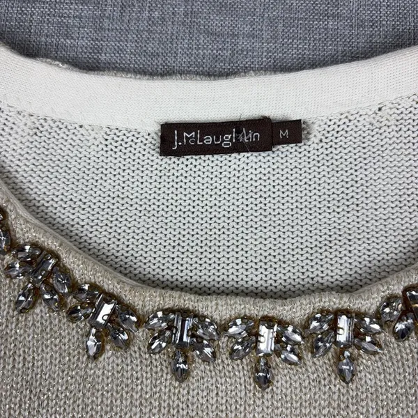 J McLaughlin Sweater Womens M White Jeweled Crew Neck Tight-Knit Pullover - Image 3