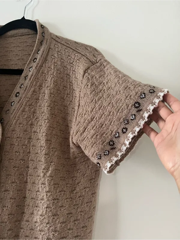 Brown Knit Short Sleeve Cardigan Sweater Large Embroidered Grandpa Folk Cottage - Image 2