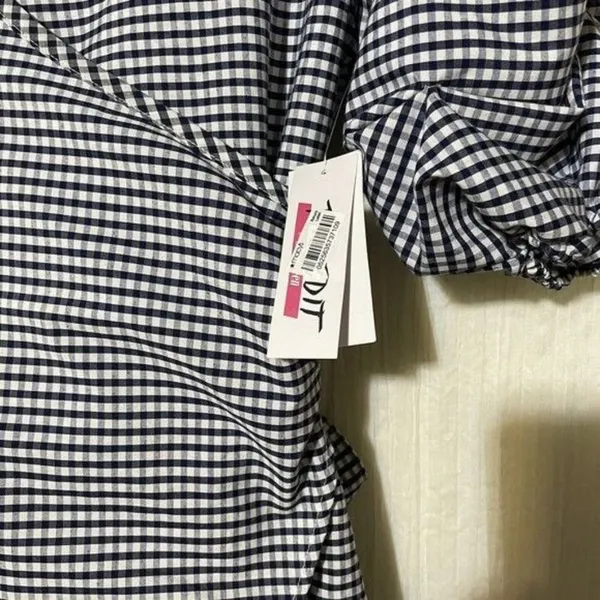 The Edit by Seventeen Juniors M Blue White Gingham Wrap Dress Puff Sleeve NWT - Image 6