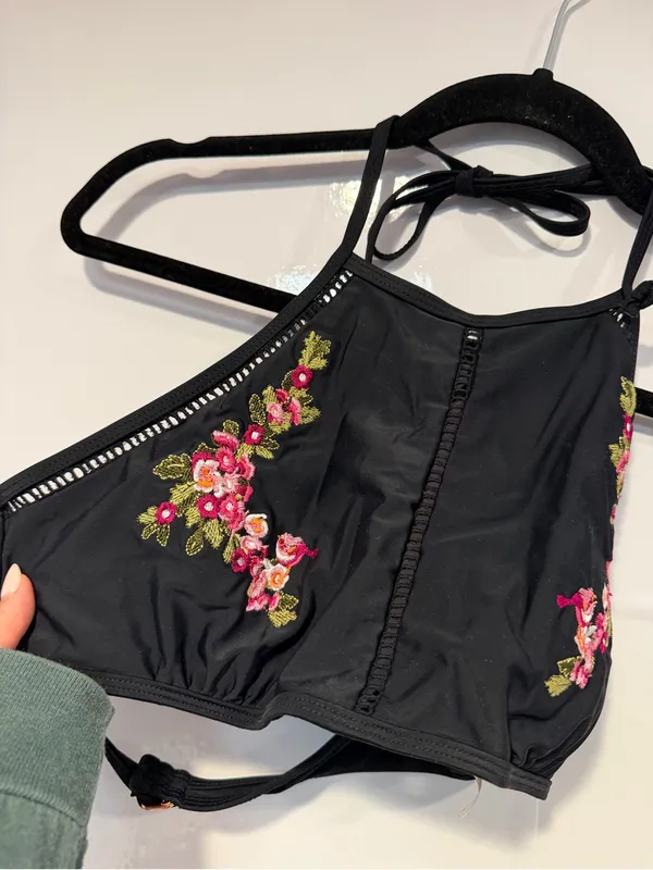 Black Altar’d State Halter Swim Top with‎ Pink Floral Embroidery - Image 2
