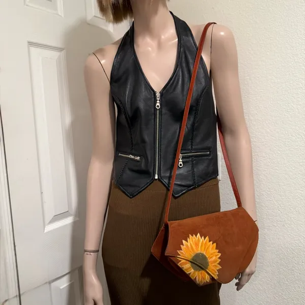 Vintage CHARLES JOURDAN Brown Suede Leather Hand-painted Sunflower Crossbody Bag - Image 3