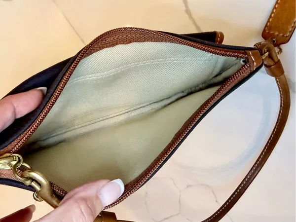Vintage Coach Black Fabric & Tan Leather Turn-lock Wristlet Pouch - Image 9