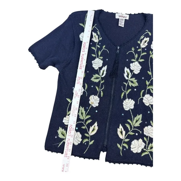 Worthington Vintage Navy Blue Floral Embroidered Zip Up Tassel Cardigan Large - Image 5