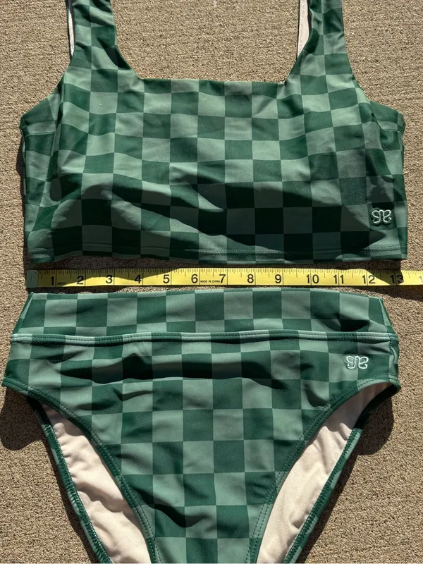 Albion Fit Olivia Swimsuit Green Checkered High Waisted High Cut Small Square Neck - Image 6
