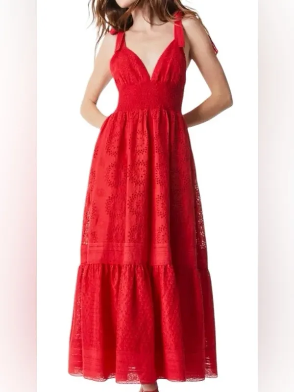 Alice + Olivia Levine Smocked Eyelet Maxi Dress in Bright Poppy Red - Image 2