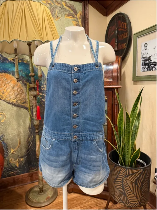American Eagle Denim Romper Shortalls Halter Neck Button Front Blue Medium - Image 3