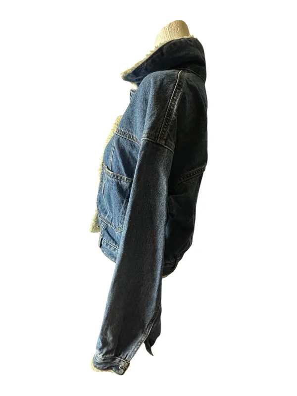 FOREVER 21 Denim Sherpa-Lined Jacket in Blue and Cream Sz S - Image 5