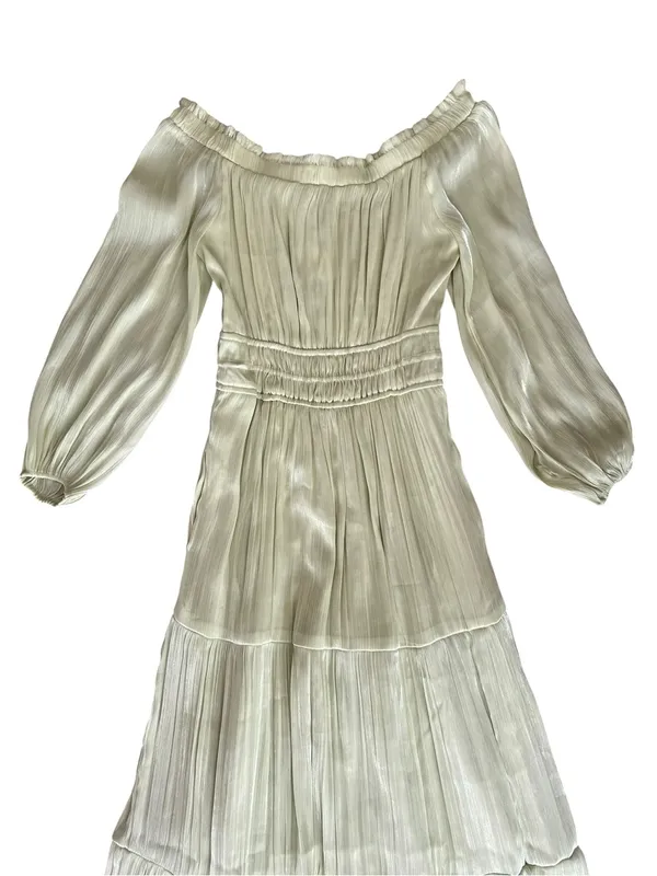 Anthropologie Somerset Women’s Off-Shoulder Shimmer Green Maxi Dress Size XXS - Image 3