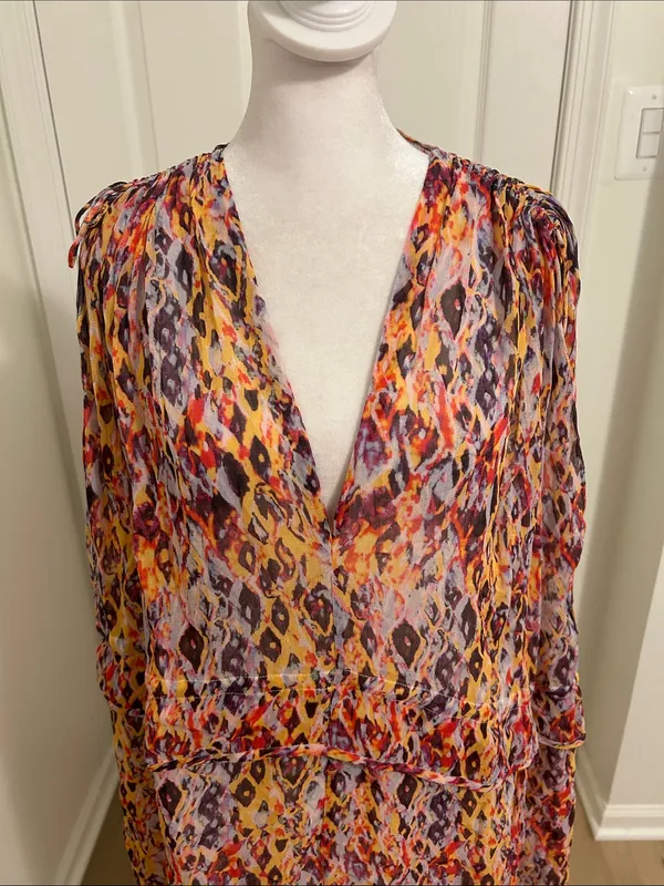 IRO Orange Plum Ohno Abstract Tribal Print Mini Flowy Tie Waist Sleeveless Dress - Image 6