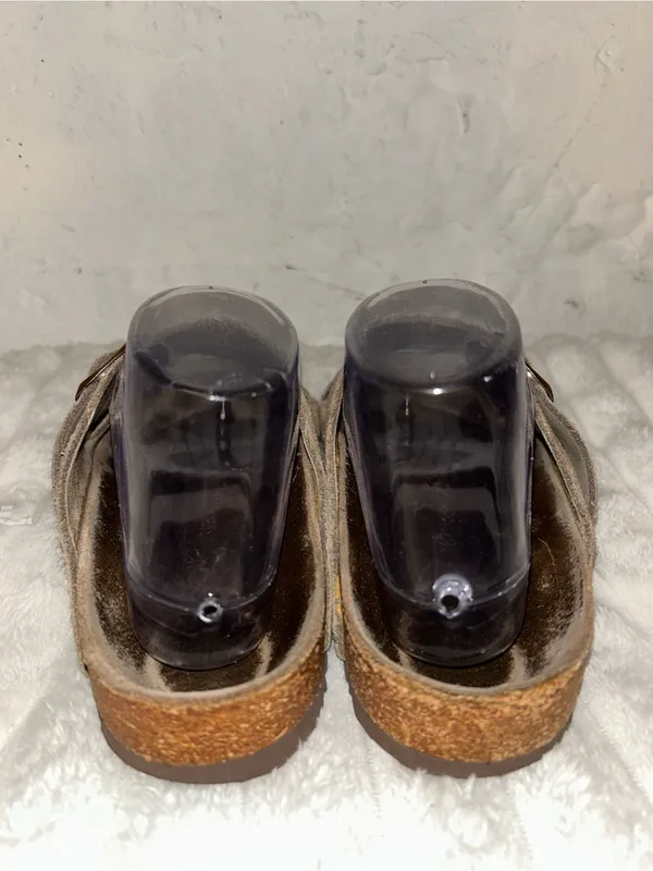Birkenstock Taupe Suede Two-Strap Sandals with Gold Buckles - Image 4