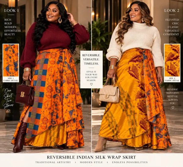 The Sunset Golden Bloom Reversible Indian Silk Wrap Skirt - Image 2