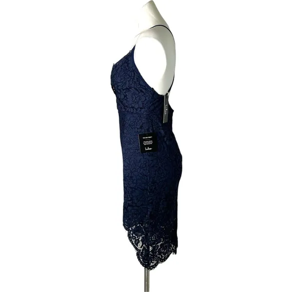 New LULU'S‎ Flirting with Desire Navy Blue Eyelash Lace Bodycon Mini Dress M - Image 4