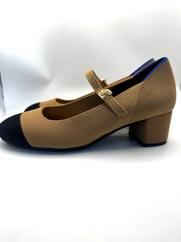 Rothy’s Camel Tan Mary Jane Block Heel Pumps with Black Cap Toe Sz 7.5 - Image 6
