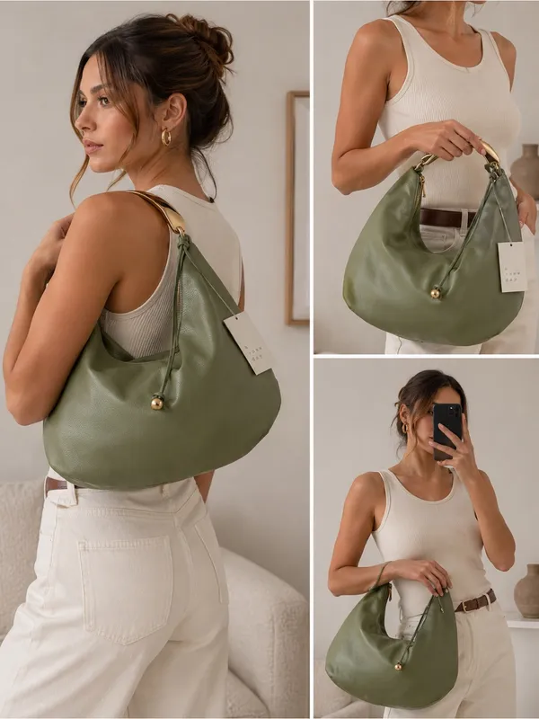 A New Day Green Hobo Shoulder Bag Gold Handle Slouchy Faux Leather Minimalist - Image 2